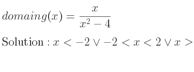 The domain of g(x)= x/(x^2-4) is x<-2\lor-2<x<2\lor x>2